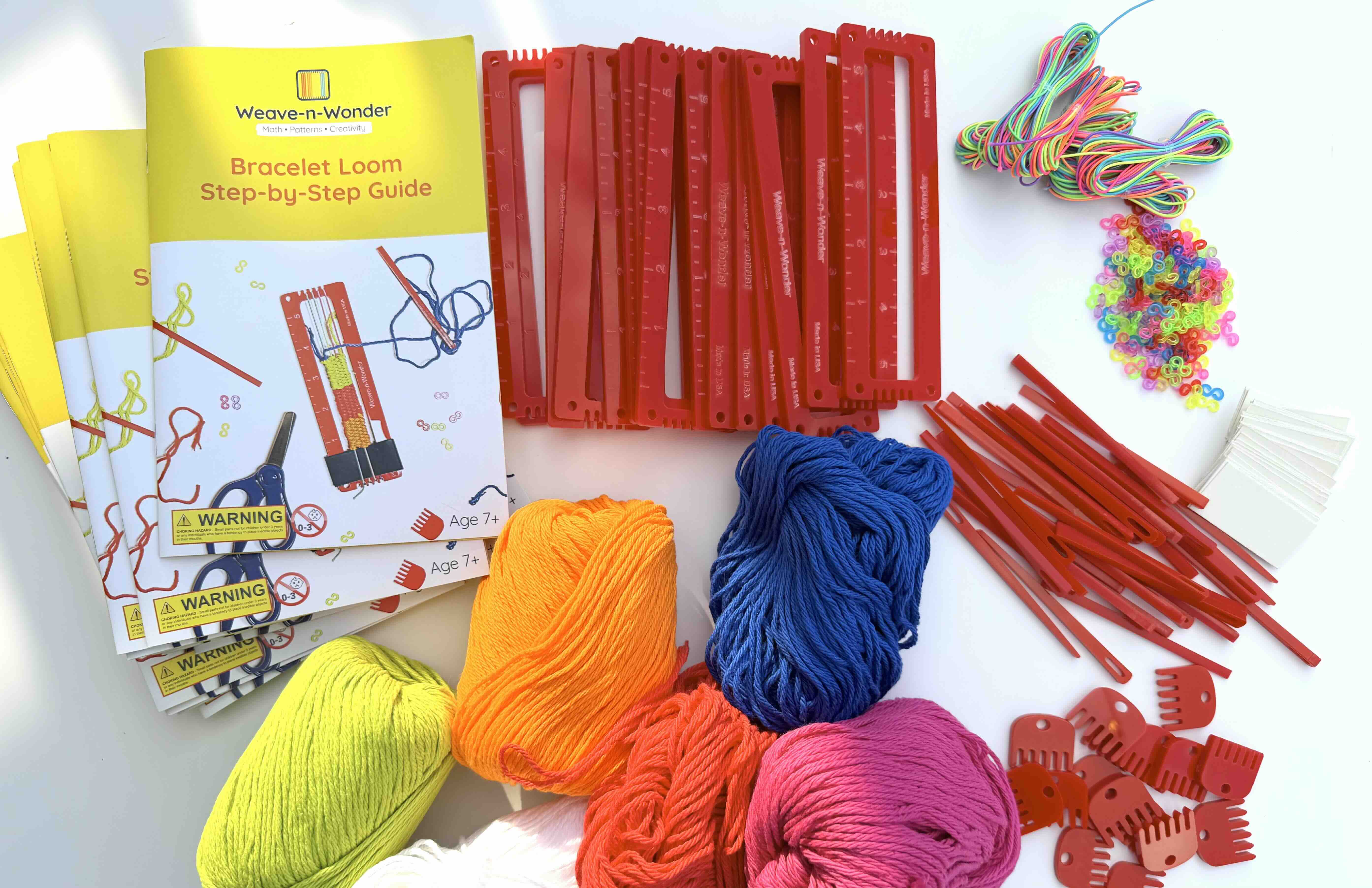 Weave-n-Wonder Bracelet Bulk Kit - looms, needles, combs, colorful yarn skeins, and instruction booklets